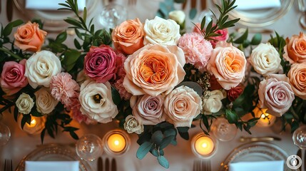 Elegant wedding table with floral centerpiece and fine china, radiating timeless romance and sophistication