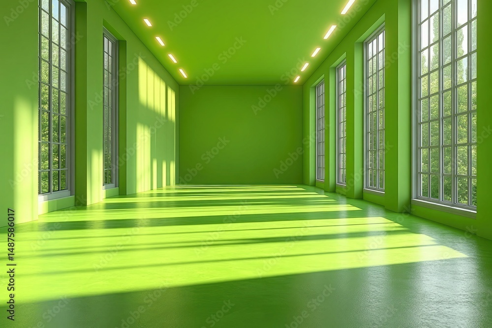 Poster a bright green empty room with tall windows and artificial lighting. perfect for backgrounds, showca