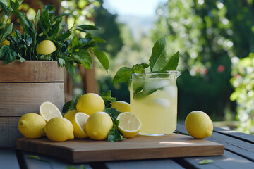 Refreshing lemonade being poured from a pitcher into a glass on a sunny day in the garden