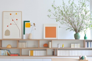 Stylish Modern Office Shelving with Art, Plant, and Decor Items Creating a Relaxing Work Atmosphere in Bright Home Setting