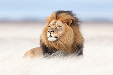 Lion rests in tall grass, vigilant and majestic, scanning the horizon for movement in the savannah