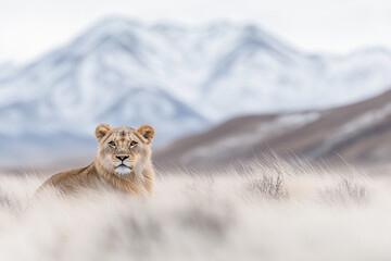 Lion rests in tall grass while scanning the horizon for movement in the serene landscape