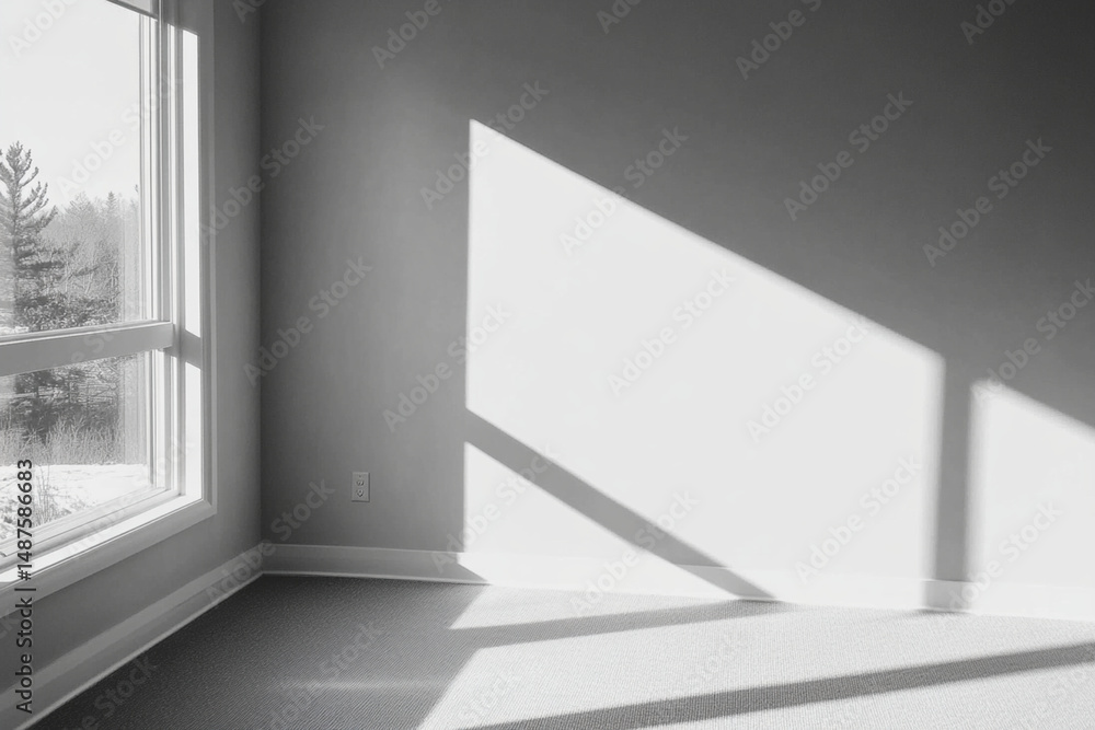 Poster long shadows cast in a chaotic empty room filled with shifting light and shadows during early aftern