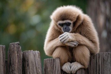 Obraz premium Contemplative Gibbon on Rustic Fence: A Serene Wildlife Portrait