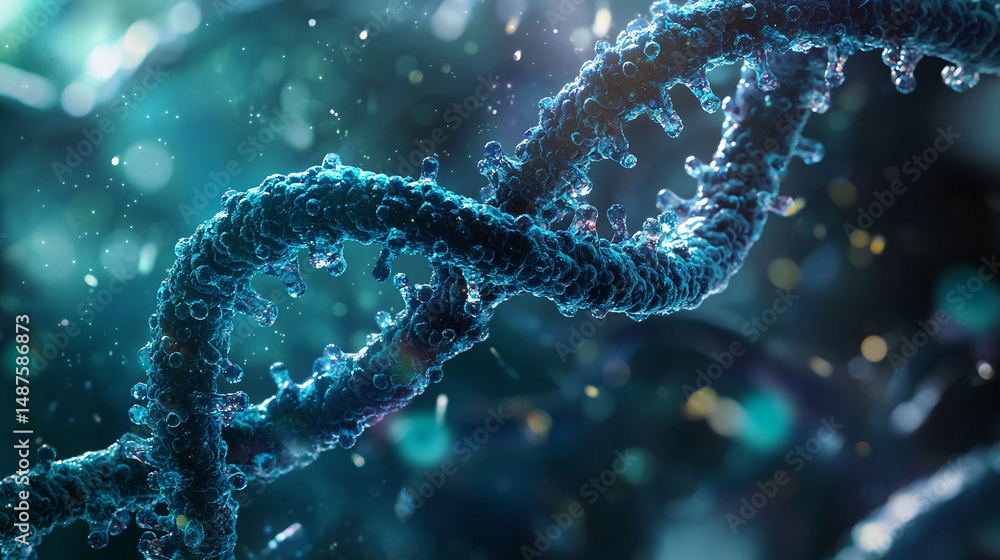 Poster close up view of a dna strand structure with a blue and green color scheme and bokeh background
