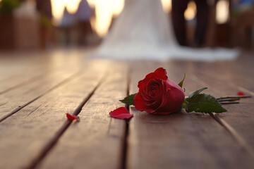 Romantic chaos unfolds with a fallen rose on a wooden deck at sunset during a love celebration