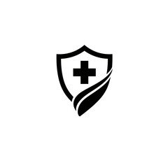 Obraz premium Shield of Health: A stylized black and white image of a shield featuring a cross and leaf, evoking concepts of safety, well-being, and healthcare.