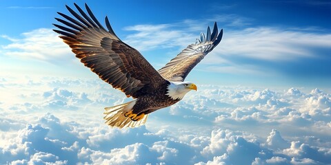 Fototapeta premium Majestic eagle soaring above fluffy clouds.