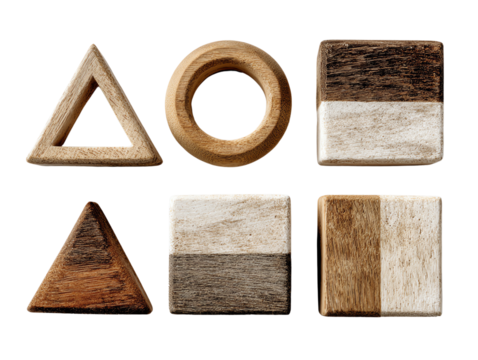 Wooden geometric shapes, white isolate background.