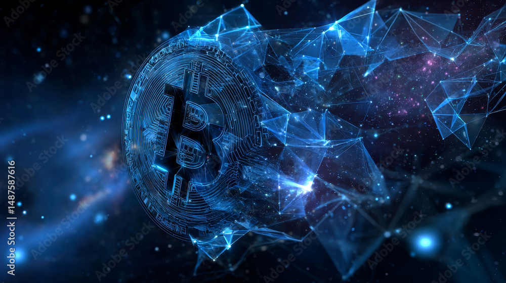 Poster wireframe bitcoin mesh from a starry on blue background. business and technology concept