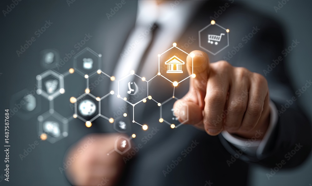 Poster digital banking concepts illustrated with technology and user interaction