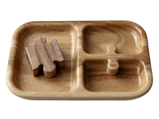 Wooden puzzle tray with compartments and natural finish, white isolate background.