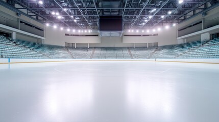Empty ice rink with a smooth surface, viewed from the stands, under soft lighting. A serene and minimalist sports moment.