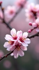 Pink cherry blossoms open on a branch