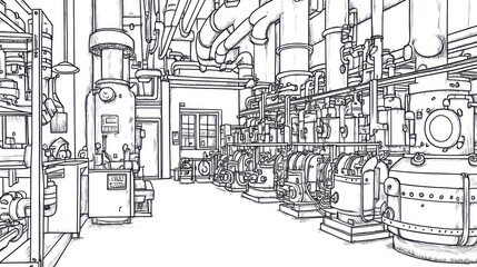 Industrial Plant Machinery Drawing, Interior View