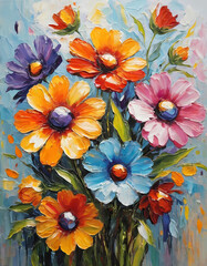 Brightly colored flowers bloom in a captivating arrangement, showcasing their intricate petals and lush greenery. This artwork radiates warmth and joy, celebrating nature hues Generative AI