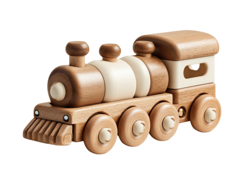 Wooden toy train, white isolate background.