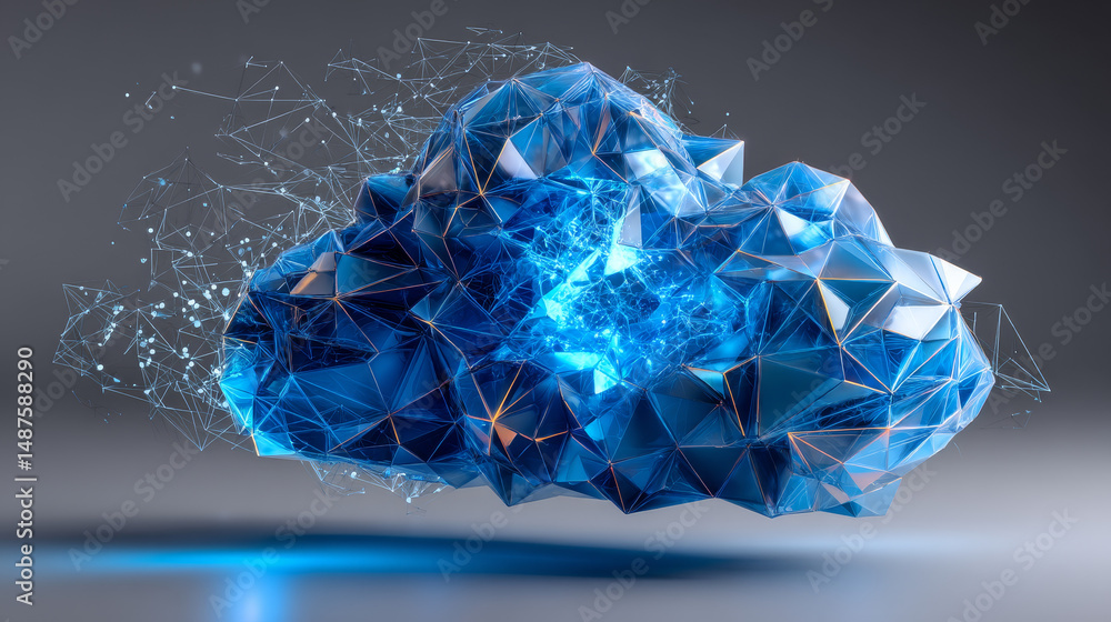 Poster 3d blue cloud low polygon modeling icon. cloud computing technology. vector