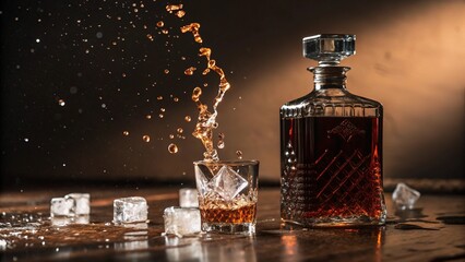 Hand Pouring Alcohol into Glass with Ice in Dramatic Light