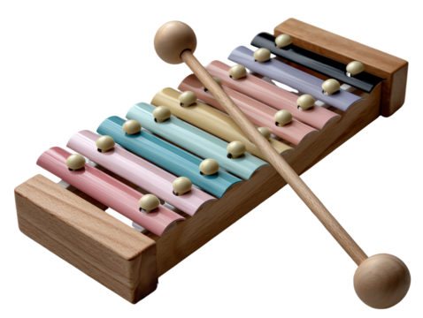 Wooden xylophone with colorful keys, isolated on white background.
