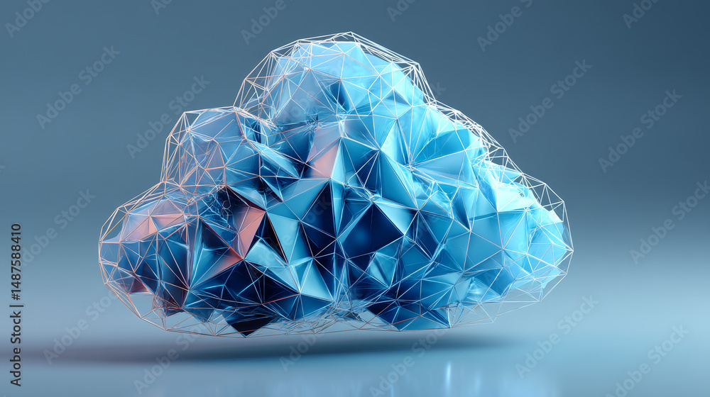 Poster 3d blue cloud low polygon modeling icon. cloud computing technology. vector