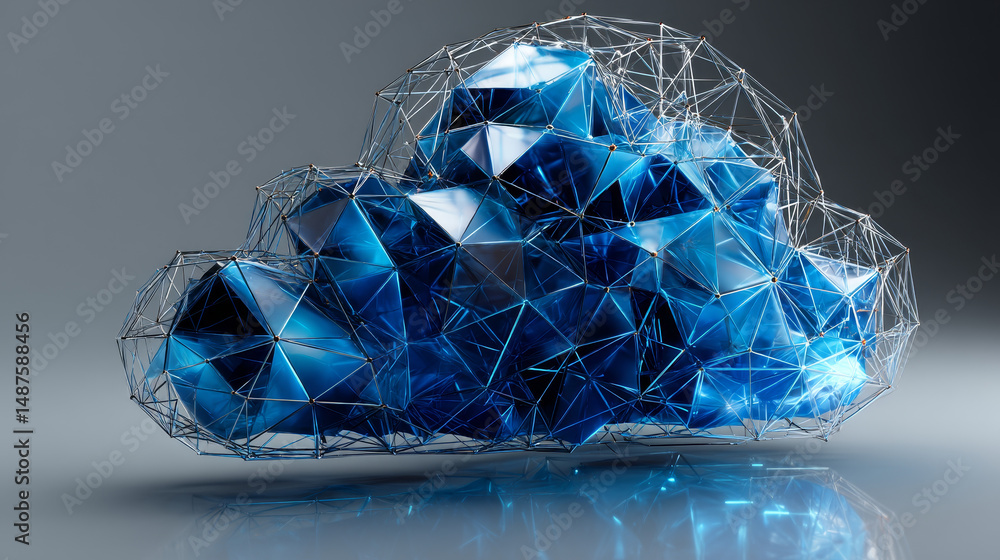 Poster 3d blue cloud low polygon modeling icon. cloud computing technology. vector