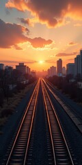 Sunset over the horizon with city skyline in distance