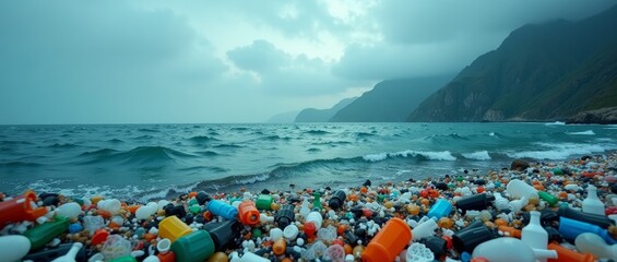Polluted beach with ocean in background