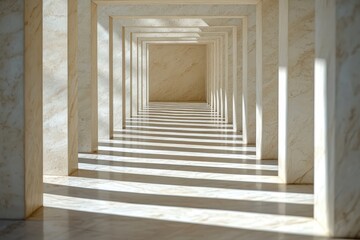 Hallway with light and shadow lines on the glossy marble floor. Use for concept of perspective, direction, and architectural design.