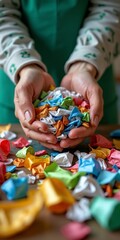 Person holding colorful crumpled tissue paper in hands