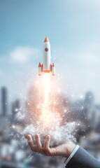 Innovative launch of a rocket into the sky above a cityscape