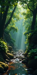 Majestic stream with sunlight beams in a lush forest