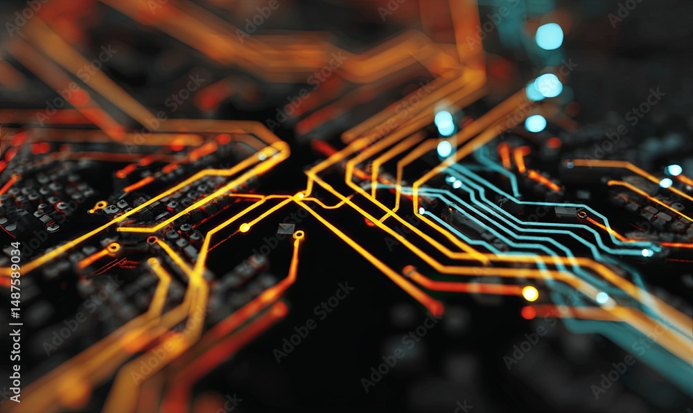 Poster circuit board with glowing lines illustrating technology and connection