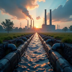 Industrial sunset over factory with cooling towers releasing steam or smoke