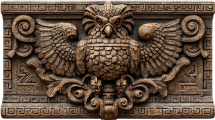 Ancient Owl Relief: A detailed, ancient stone relief carving featuring an imposing owl with spread wings. The carving evokes a sense of history and cultural richness.