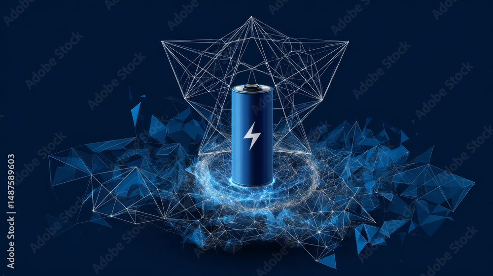 Poster abstract battery charging icon form lines and triangles, point connecting network on blue background