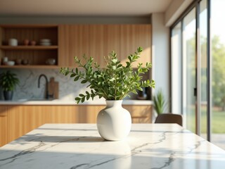 White vase with greenery on a kitchen counter near large windows
