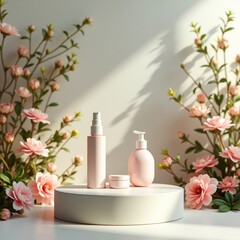 Pink skincare products on a round white tray against a pink flower wall
