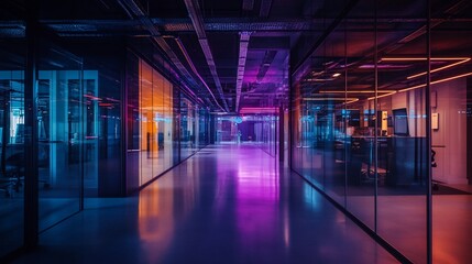 Modern office interior with glass walls and colorful neon lighting illuminating the hallway