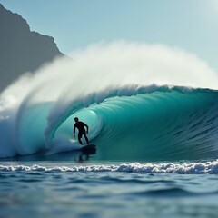 Surfer riding blue wave in ocean, Man surfing inside breaking wave, Surfer on surfboard in