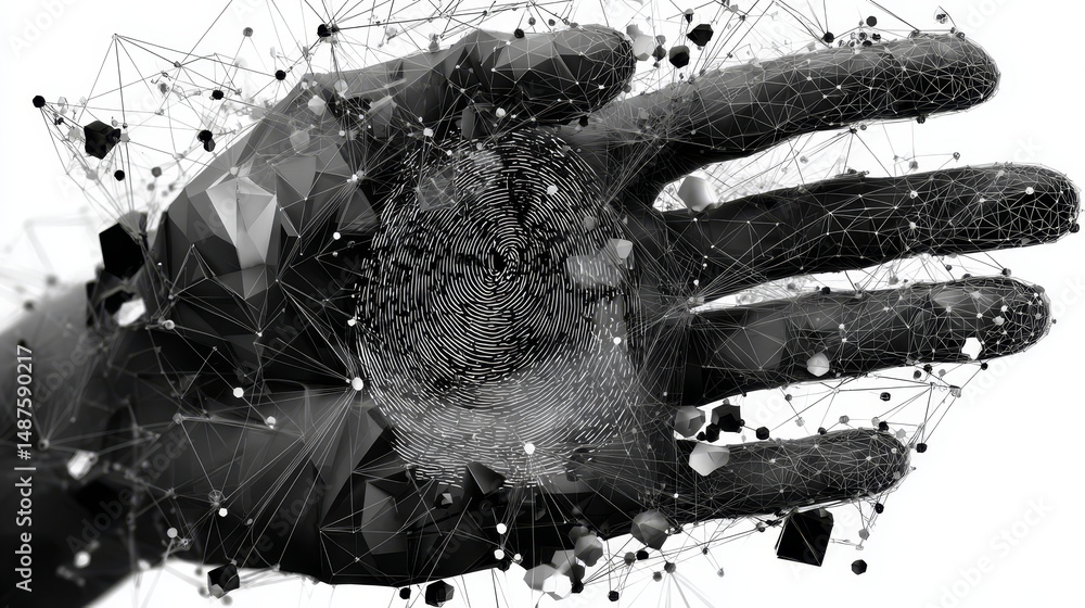 Poster scanning fingerprint form lines, triangles and particle style design
