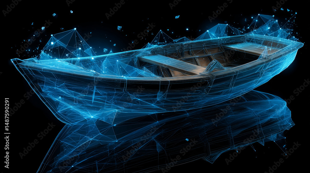 Poster boat icon form lines, triangles and particle style design. illustration vector