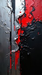 Abstract painting with red, silver, and black colors blending together in a fluid manner