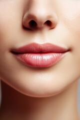 Fototapeta premium Close-up of a woman's lips with a soft focus background highlighting natural texture and gentle makeup in a serene expression