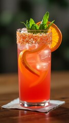 Orange cocktail with ice on wooden table