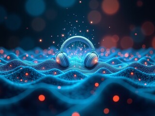Blue headphones with light flares on a sea wave background