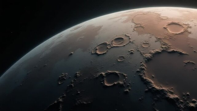 Surface of a planet with craters emerging from shadow in outer space