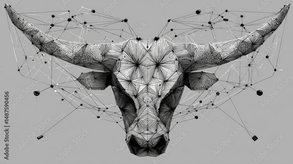 Poster abstract bull head from lines, triangles and particle style design. illustration vector