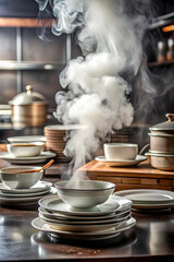 Steam above dishes on the table creating a warm and appetizing home cooked meal atmosphere