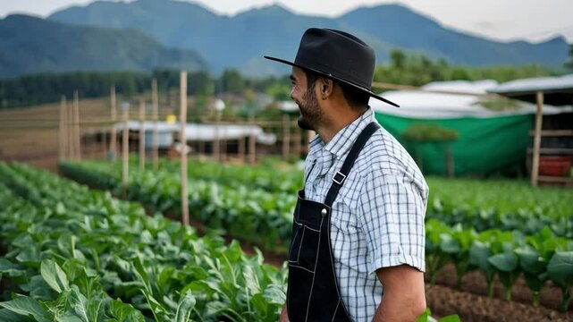 Hardworking Gardener Amidst Lush Green: A dedicated gardener, donned in a practical hat and overalls, gazes out upon rows of thriving green crops, his gaze fixed on the horizon in contemplation.